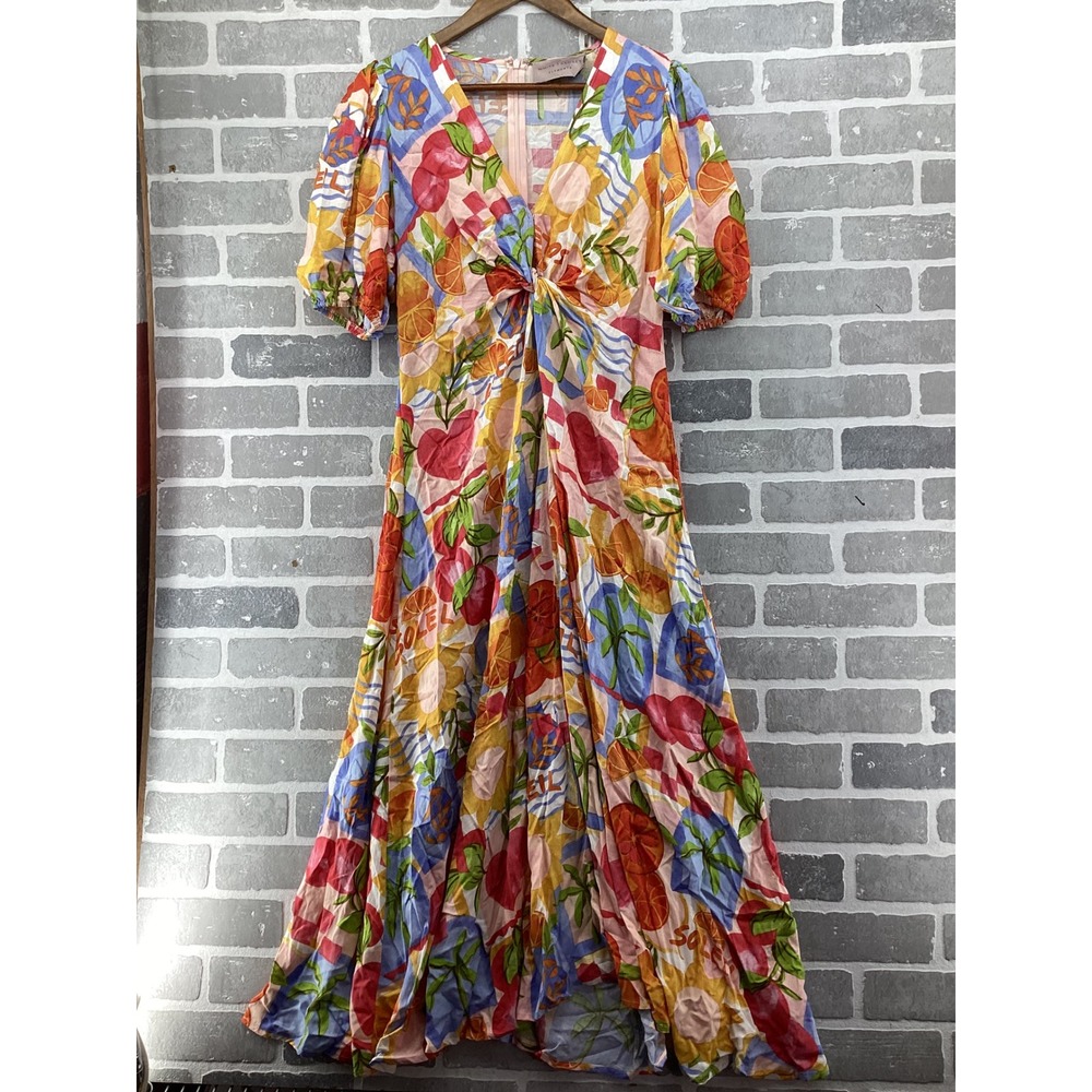 White Closet Elements Tropical Fruit Print V-Neck Twist Front Midi Dress Large